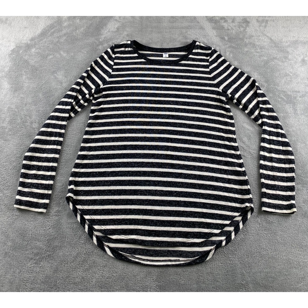 Old Navy Womens Large Black White Striped Long Sleeve Crew Neck Curved Hem Top